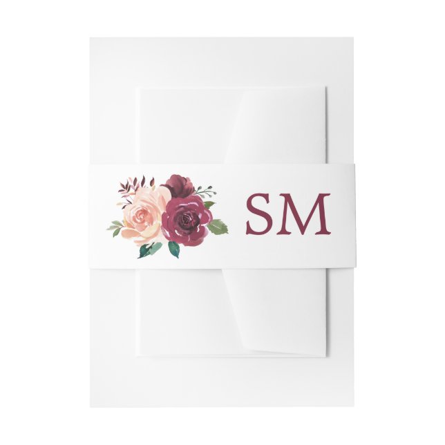 Floral Blush Burgundy Rose Wedding Monogram Invitation Belly Band (Front Example)