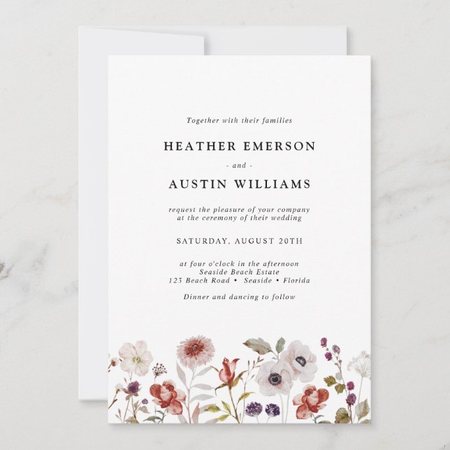 Floral Blush Burgundy Watercolor Wedding Invitation (Front)