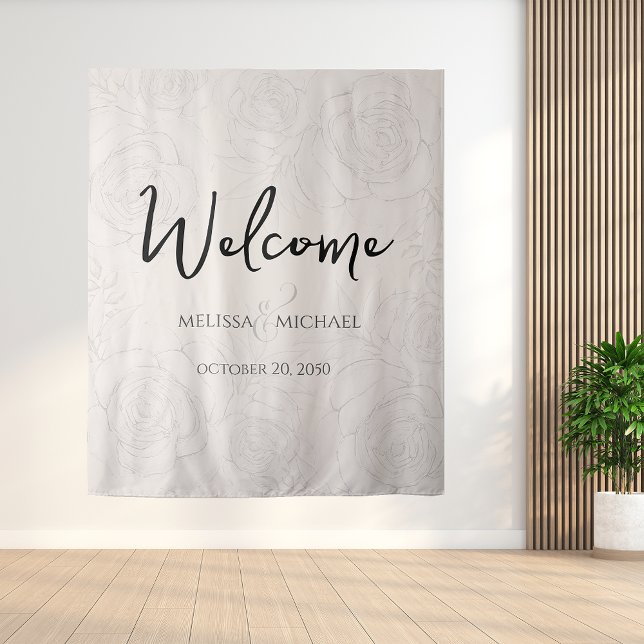 Floral Blush Calligraphy Ampersand Greenery  Tapestry (Floral Blush elegant Calligraphy Welcome Wedding Backdrop. )