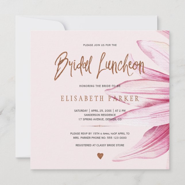 Floral blush copper glitter script bridal luncheon invitation (Front)
