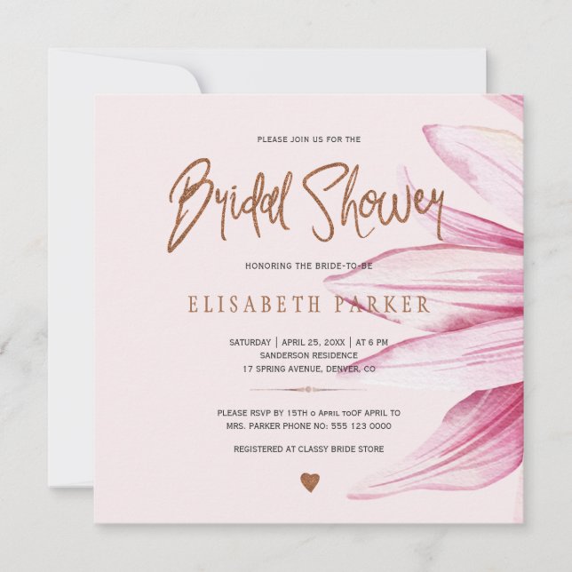 Floral blush copper glitter script bridal shower invitation (Front)