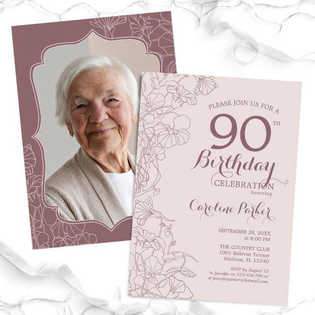 Floral Blush Dusty Pink Photo 90th Birthday Party Invitation (Creator Uploaded)