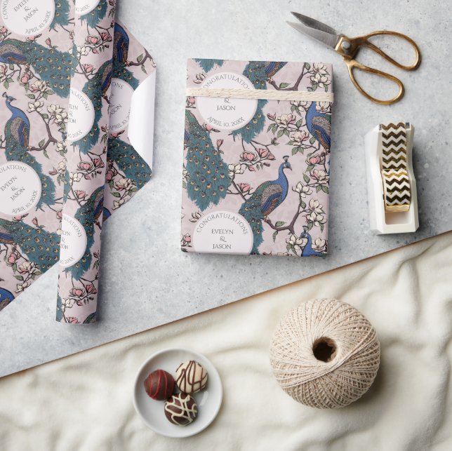 Floral Blush Engagement Peacocks Wrapping Paper (Crafts)