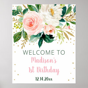 Floral Blush Gold Boho Birthday Welcome Poster