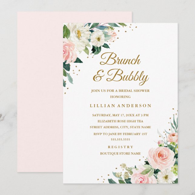 Floral Blush Gold Bridal Shower Brunch And Bubbly Invitation (Front/Back)
