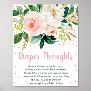 Floral Blush Gold Diaper Thoughts Baby Shower Game Poster