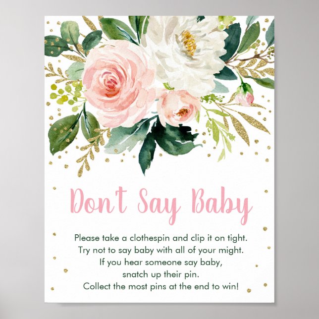 Floral Blush Gold Don't Say Baby Game Poster (Front)