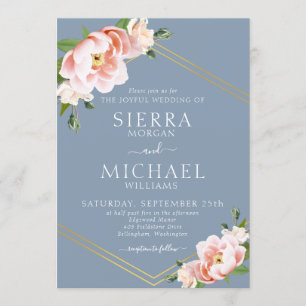 Floral Blush Gold Geometric Dusty Blue Wedding Invitation