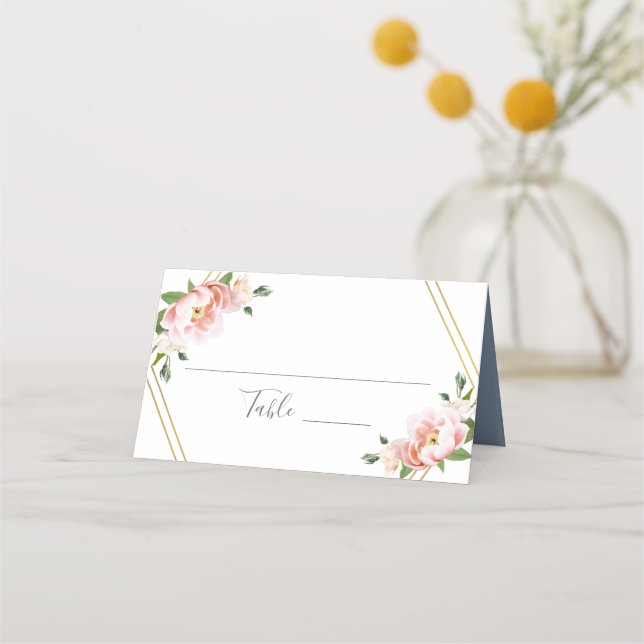 Floral Blush Gold Geometric Dusty Blue Wedding Place Card (Front)