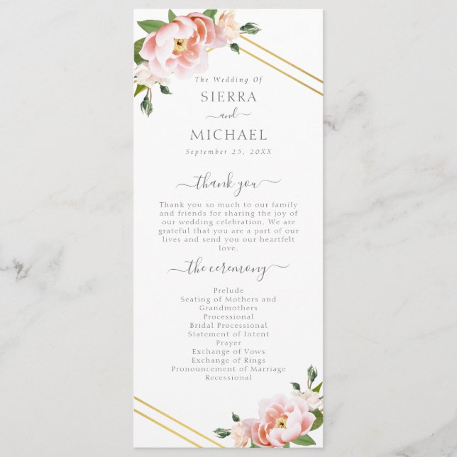 Floral Blush Gold Geometric Mint Green Wedding Programme (Front)