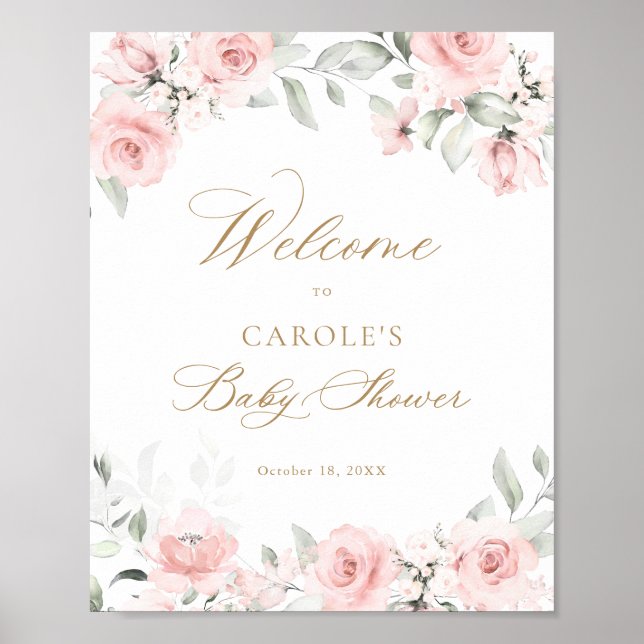 Floral Blush Gold Greenery Baby Shower Welcome Poster (Front)