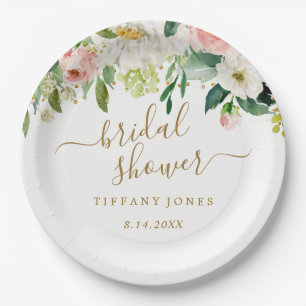 Floral Blush Gold Pink Confetti Bridal Shower Paper Plate