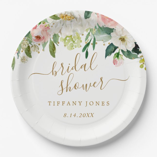 Floral Blush Gold Pink Confetti Bridal Shower Paper Plate (Front)