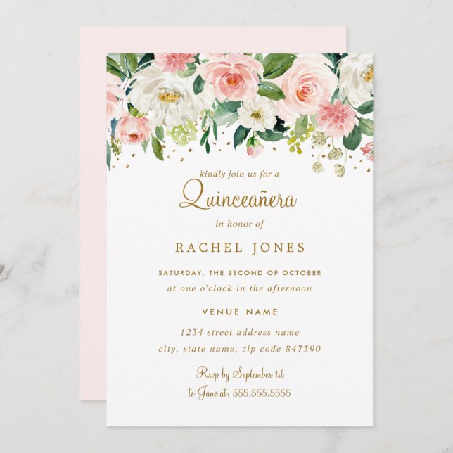 Floral Blush Gold Quinceanera Invitation (Front/Back)