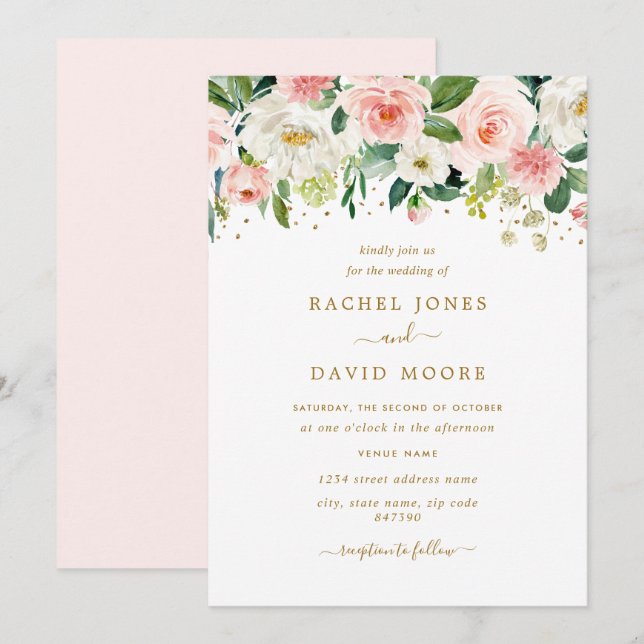 Floral Blush Gold Wedding Invitation (Front/Back)