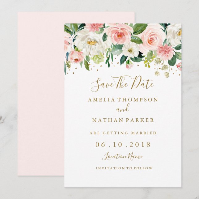 Floral Blush Gold Wedding Save The Date Invitation (Front/Back)