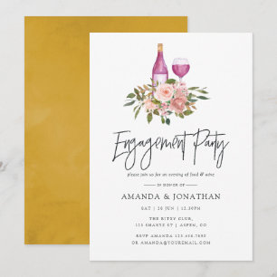 Floral Blush & Gold Wine Tasting Engagement Party Invitation