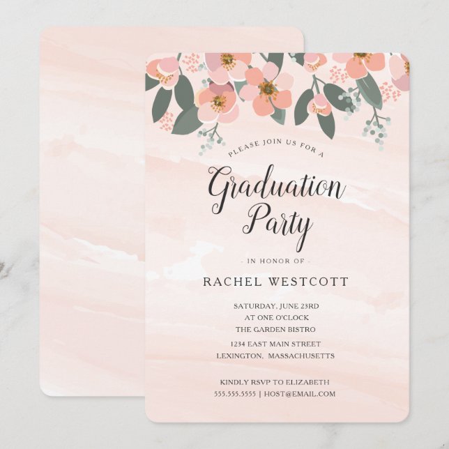 Floral Blush Graduation Party Watercolor Pink Invitation (Front/Back)