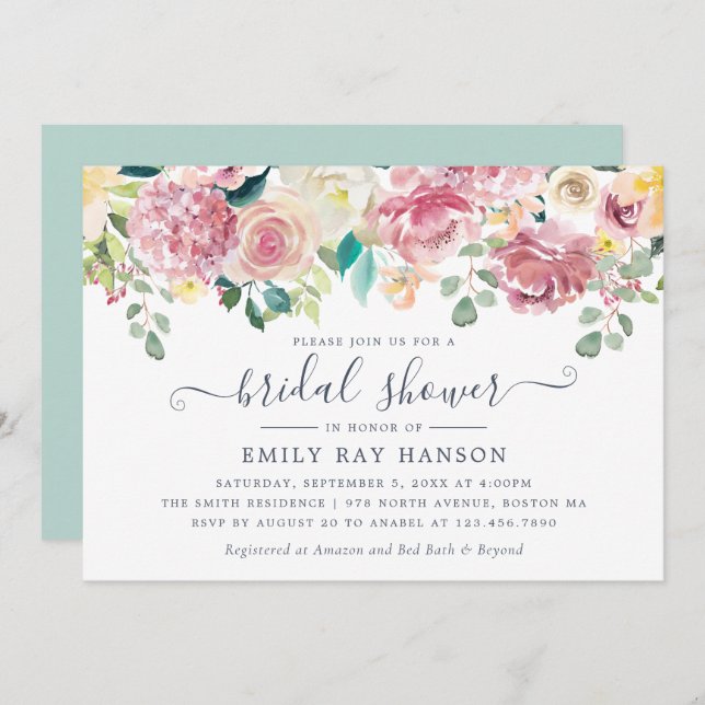 Floral Blush Greenery Eucalyptus Bridal Shower Invitation (Front/Back)