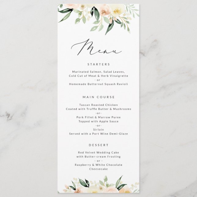 Floral Blush Greenery Peach Modern Minimal Menu (Front)