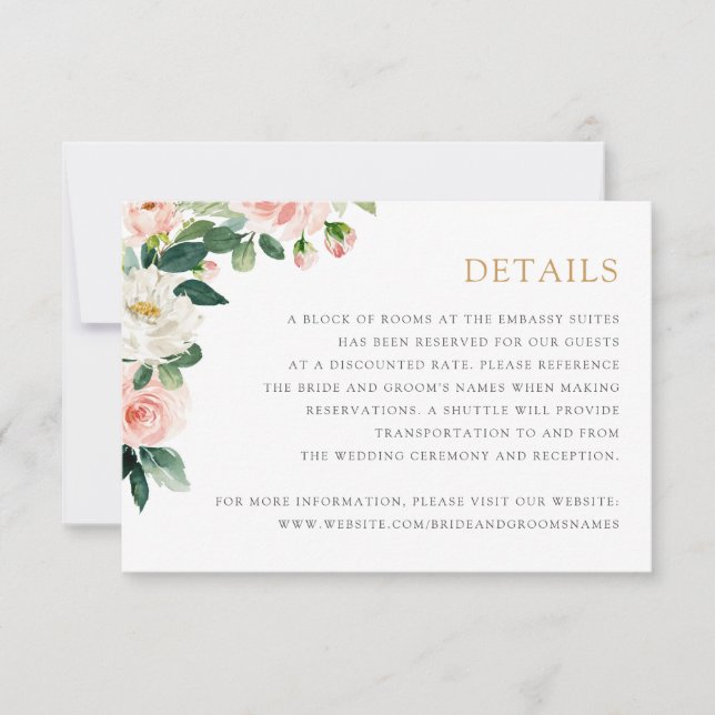 Floral Blush Greenery Romantic Details Info Card (Front)