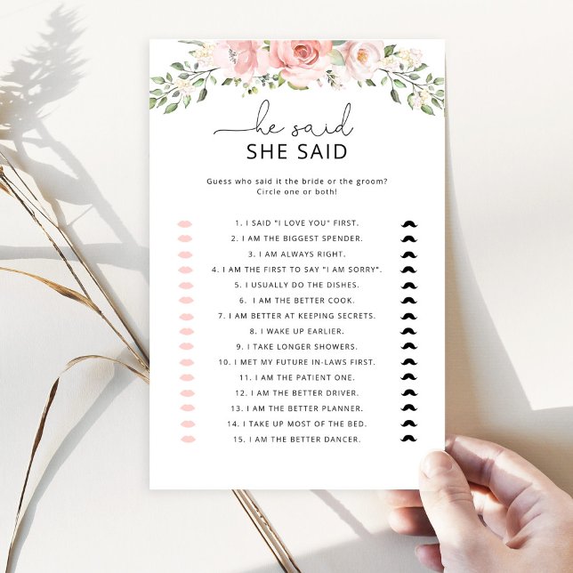 Floral blush He said she said bridal shower game (Creator Uploaded)