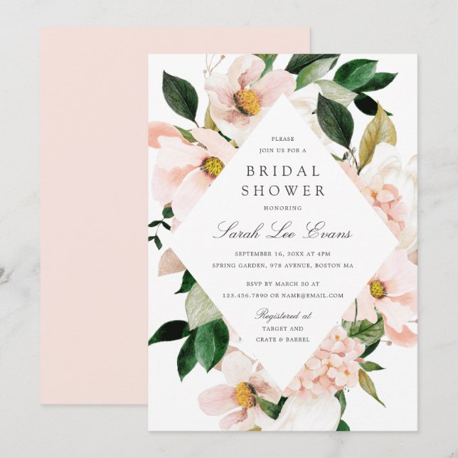 Floral Blush Hydrangea Elegant Bridal Shower Invitation (Front/Back)