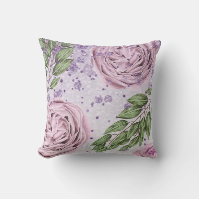 *~* Floral Blush Lavender PEONY Purple Glitter  Cushion (Front)