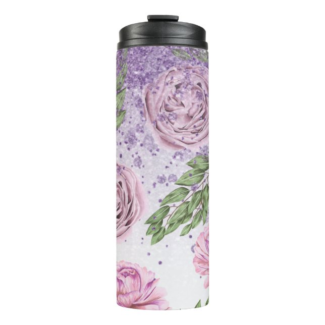 *~* Floral Blush Lavender PEONY Purple Glitter Thermal Tumbler (Front)