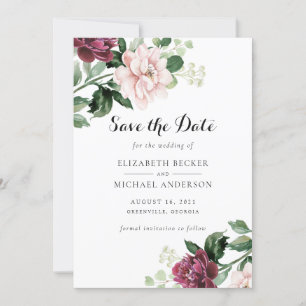 Floral Blush Merlot Greenery Elegant Save the Date Invitation
