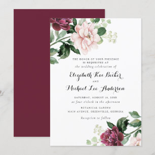 Floral Blush Merlot Greenery Elegant Wedding Invitation
