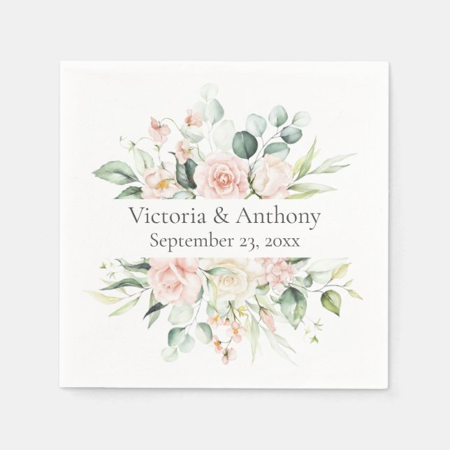 Floral Blush Name Date Wedding Napkins (Front)