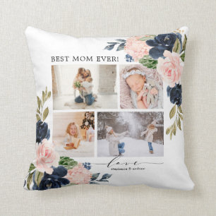 Floral Blush Navy Best Mum Photo Collage Cushion