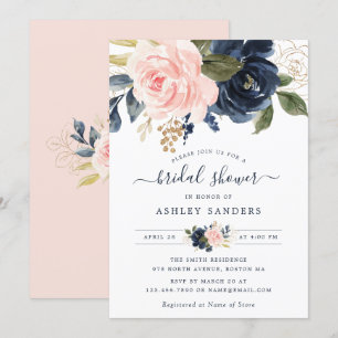 Floral Blush Navy Elegant Bridal Shower Invitation