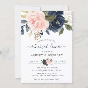 Floral Blush Navy Elegant Rehearsal Dinner Invitation