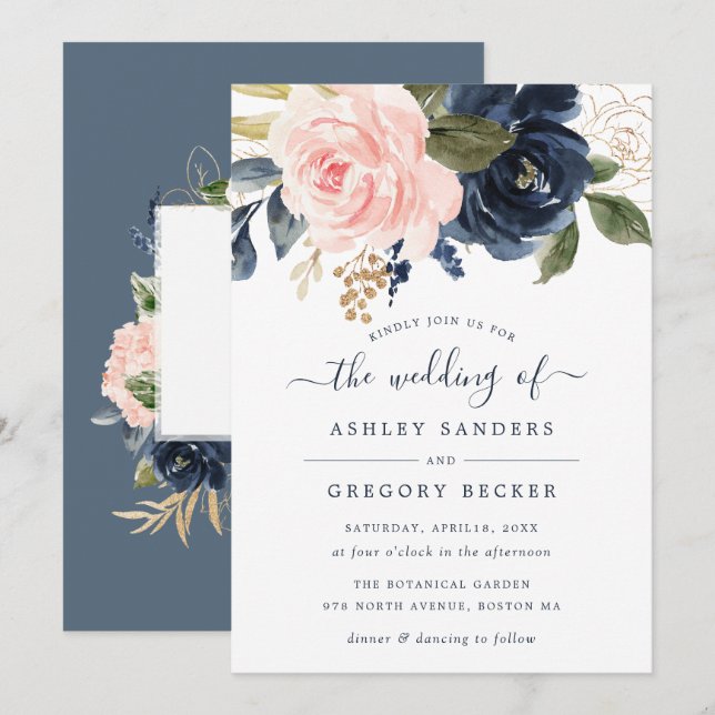 Floral Blush & Navy Elegant Typography Invitation (Front/Back)