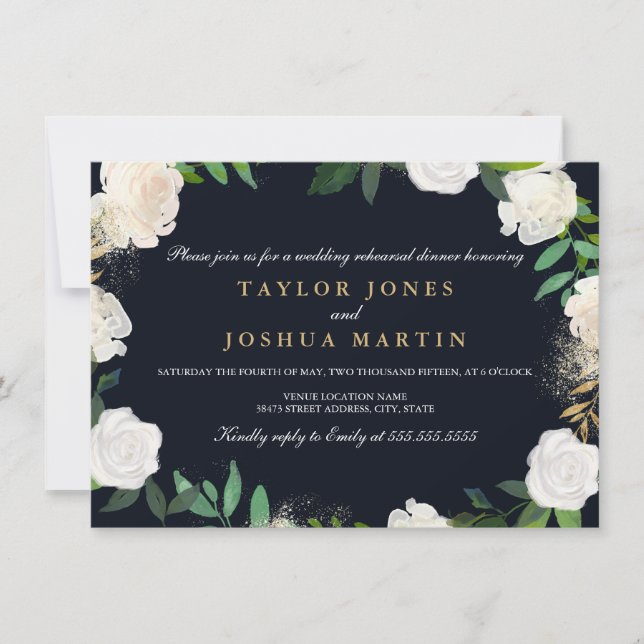 Floral Blush Navy Gold Rehearsal Dinner Invite (Front)