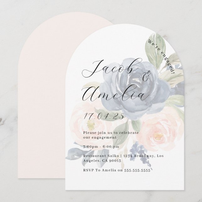 Floral Blush Navy Modern Arch Engagement Party   Invitation (Front/Back)