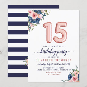 Floral Blush Navy Rose Gold Balloons 15th Birthday Invitation