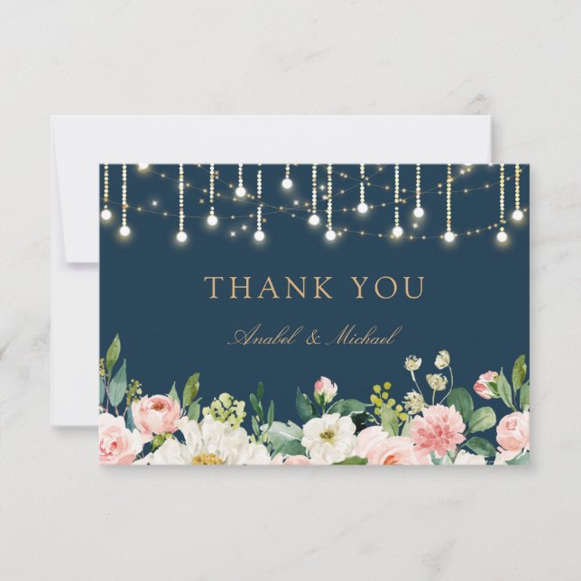 Floral Blush Navy String Lights Thank You Card (Front)