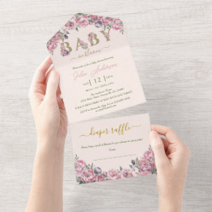 Floral Blush Peach Pink Roses Boho Baby Shower All In One Invitation