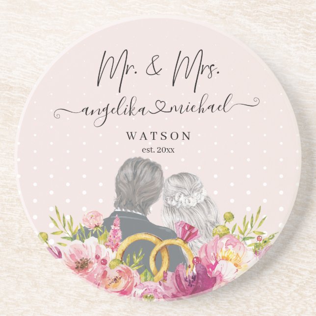 Floral Blush Peonies Trendy Script Mr. and Mrs. Coaster (Front)