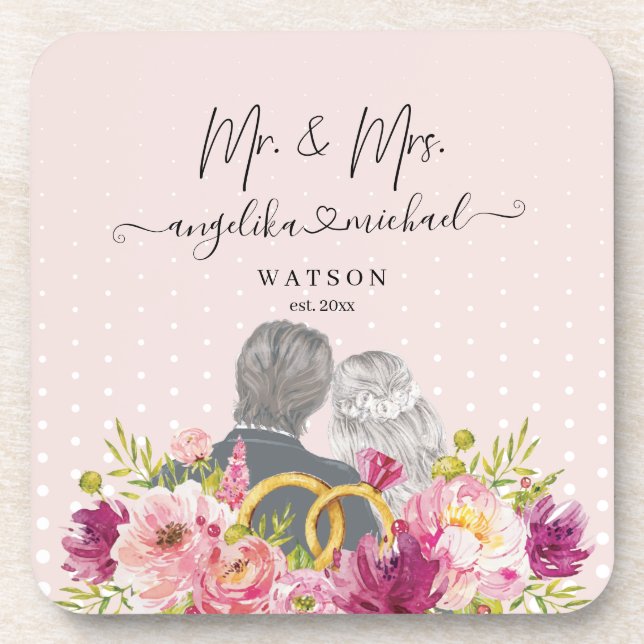Floral Blush Peonies Trendy Script Mr. and Mrs. Coaster (Front)