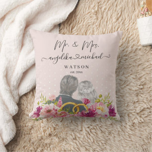 Floral Blush Peonies Trendy Script Mr. and Mrs. Cushion
