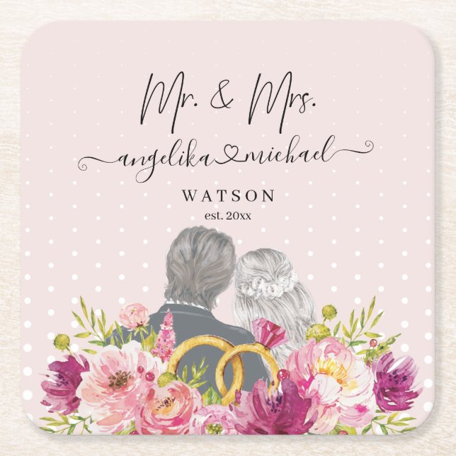 Floral Blush Peonies Trendy Script Mr. and Mrs.  Square Paper Coaster (Front)