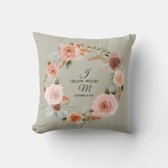 Floral Blush Peony Sage Watercolor Leaf Greenery Cushion (Front)