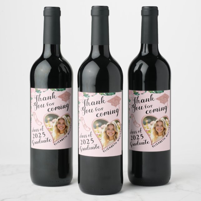 Floral Blush Pink 2025 Thank You Graduation Wine Label (Bottles)