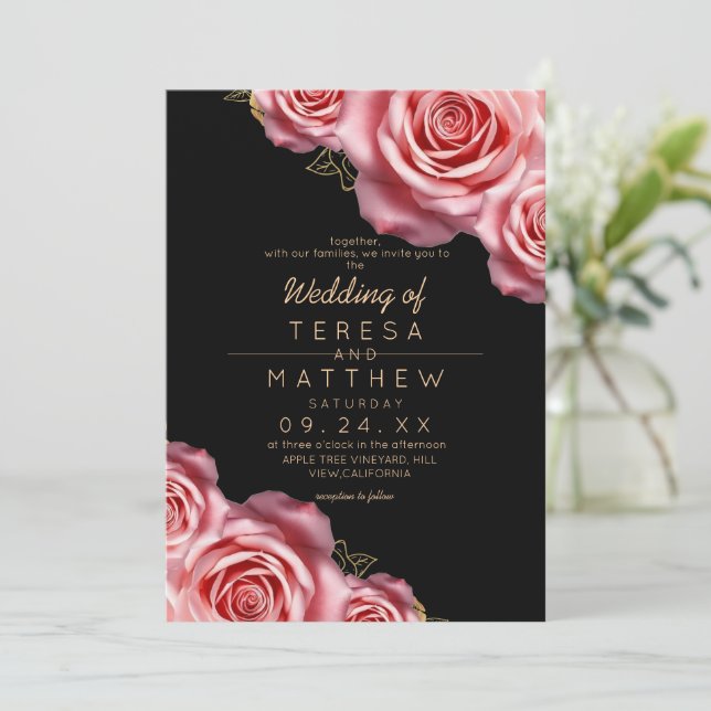 Floral Blush Pink and Black Modern Wedding Invitation (Standing Front)