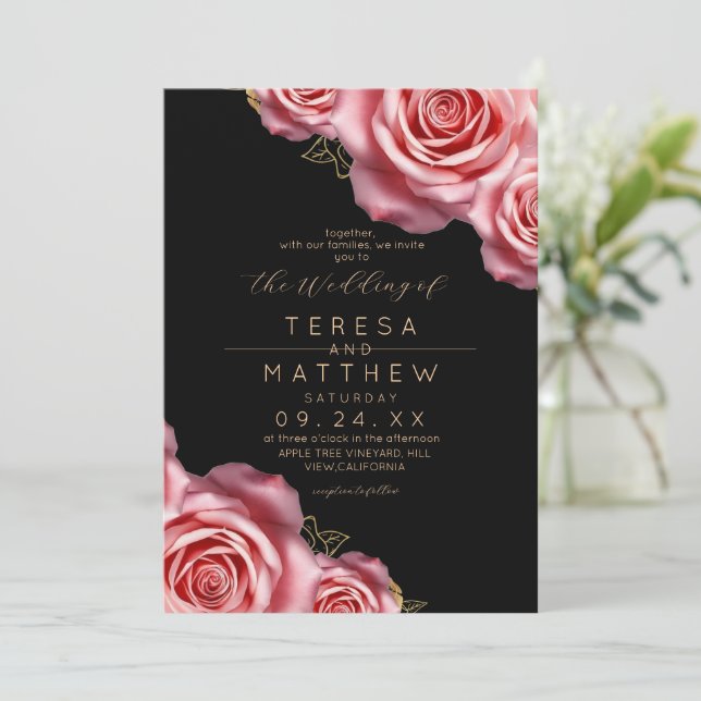 Floral Blush Pink and Black Modern Wedding Invitation (Standing Front)