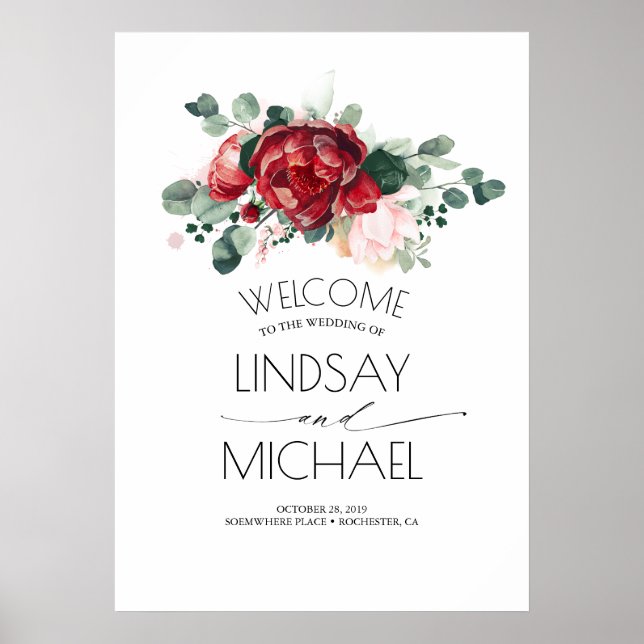 Floral Blush Pink and Burgundy Red Wedding Poster (Front)